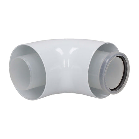 A white plastic 90-degree elbow pipe connector with a threaded connection on one end, shown on a solid white background.