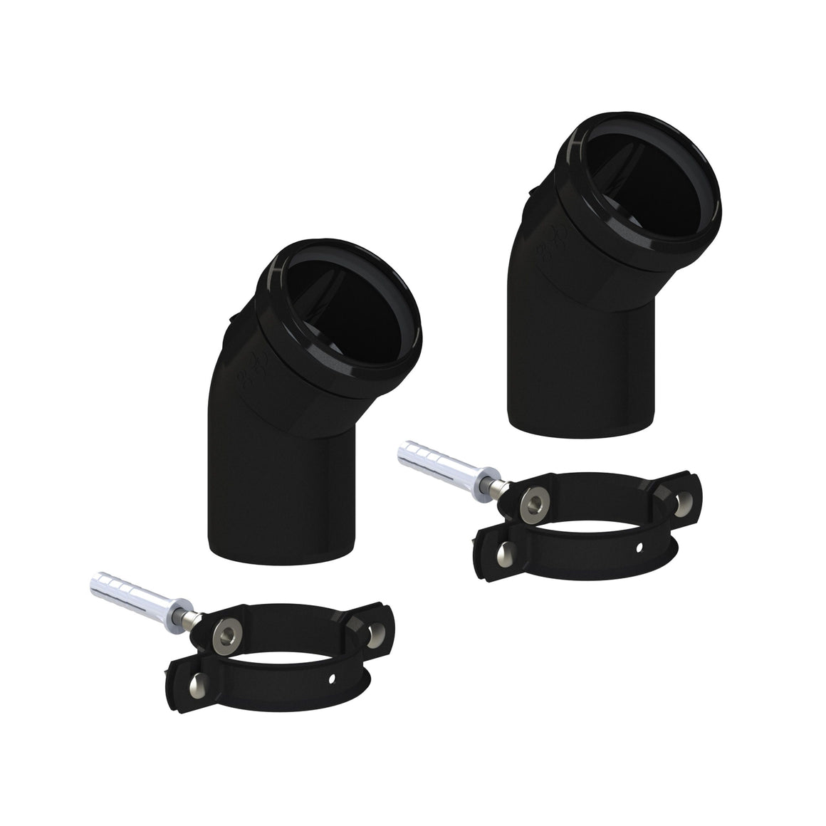 Two black elbow pipe couplings with two black adjustable clamp bands and silver metal fasteners, shown on a plain white background.