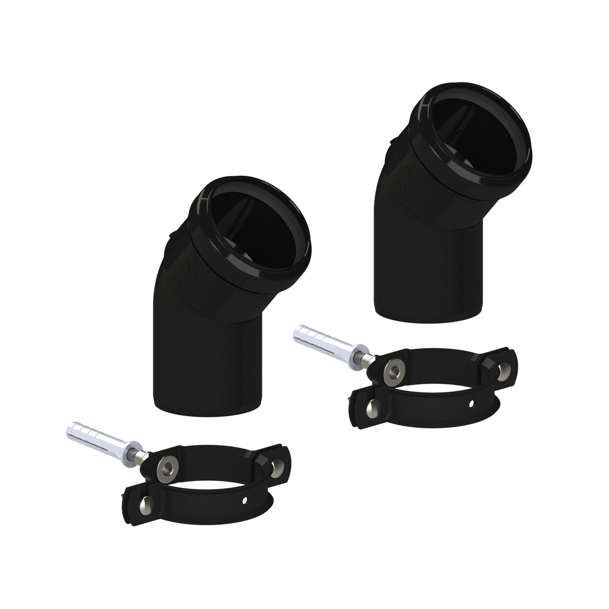 Two black elbow pipe couplings with two black adjustable clamp bands and silver metal fasteners, shown on a plain white background.