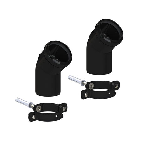 Two black elbow pipe couplings with two black adjustable clamp bands and silver metal fasteners, shown on a plain white background.