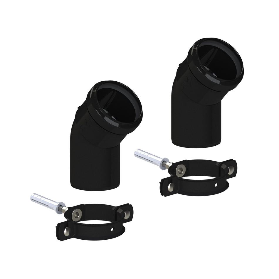 Two black elbow pipe couplings with two black adjustable clamp bands and silver metal fasteners, shown on a plain white background.