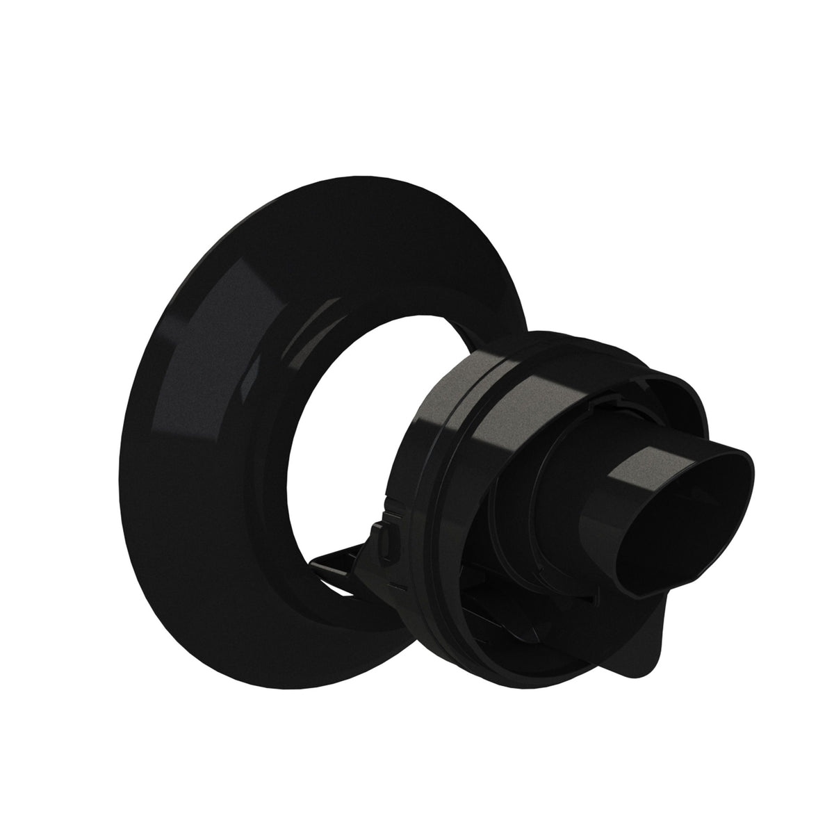 A glossy black plastic mounting bracket or adapter with a circular ring and cylindrical connector, shown on a plain white background.