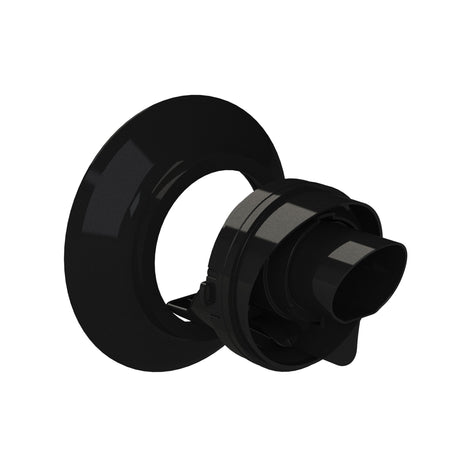 A glossy black plastic mounting bracket or adapter with a circular ring and cylindrical connector, shown on a plain white background.