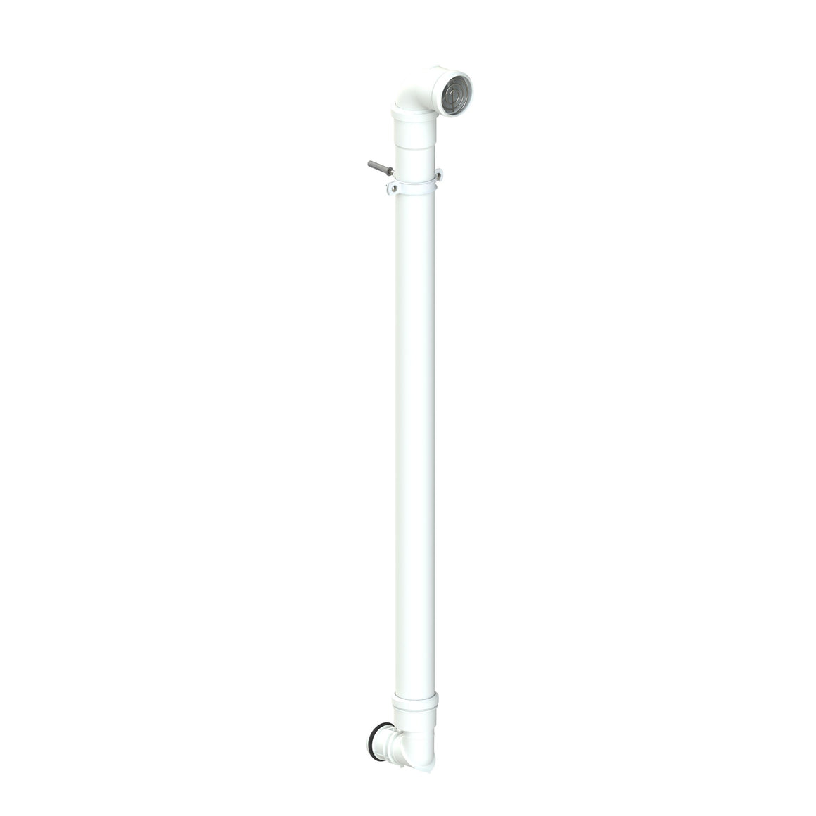 A white plastic shower drain pipe assembly with a T-shaped downpipe connector and a shower head attachment, shown against a plain white background.