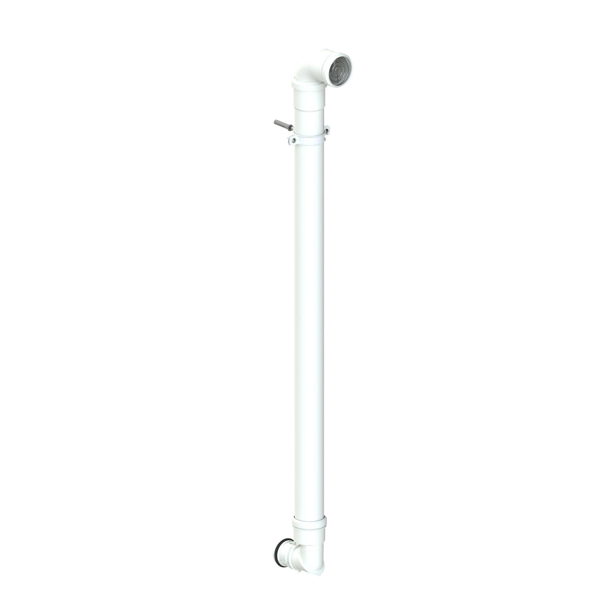 A white plastic shower drain pipe assembly with a T-shaped downpipe connector and a shower head attachment, shown against a plain white background.
