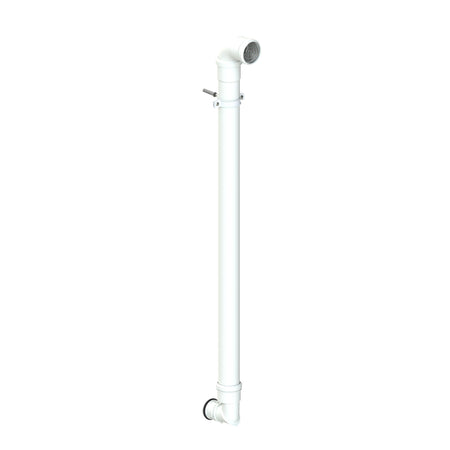A white plastic shower drain pipe assembly with a T-shaped downpipe connector and a shower head attachment, shown against a plain white background.