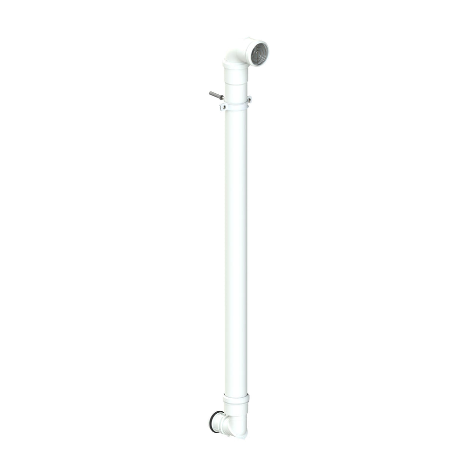 A white plastic shower drain pipe assembly with a T-shaped downpipe connector and a shower head attachment, shown against a plain white background.