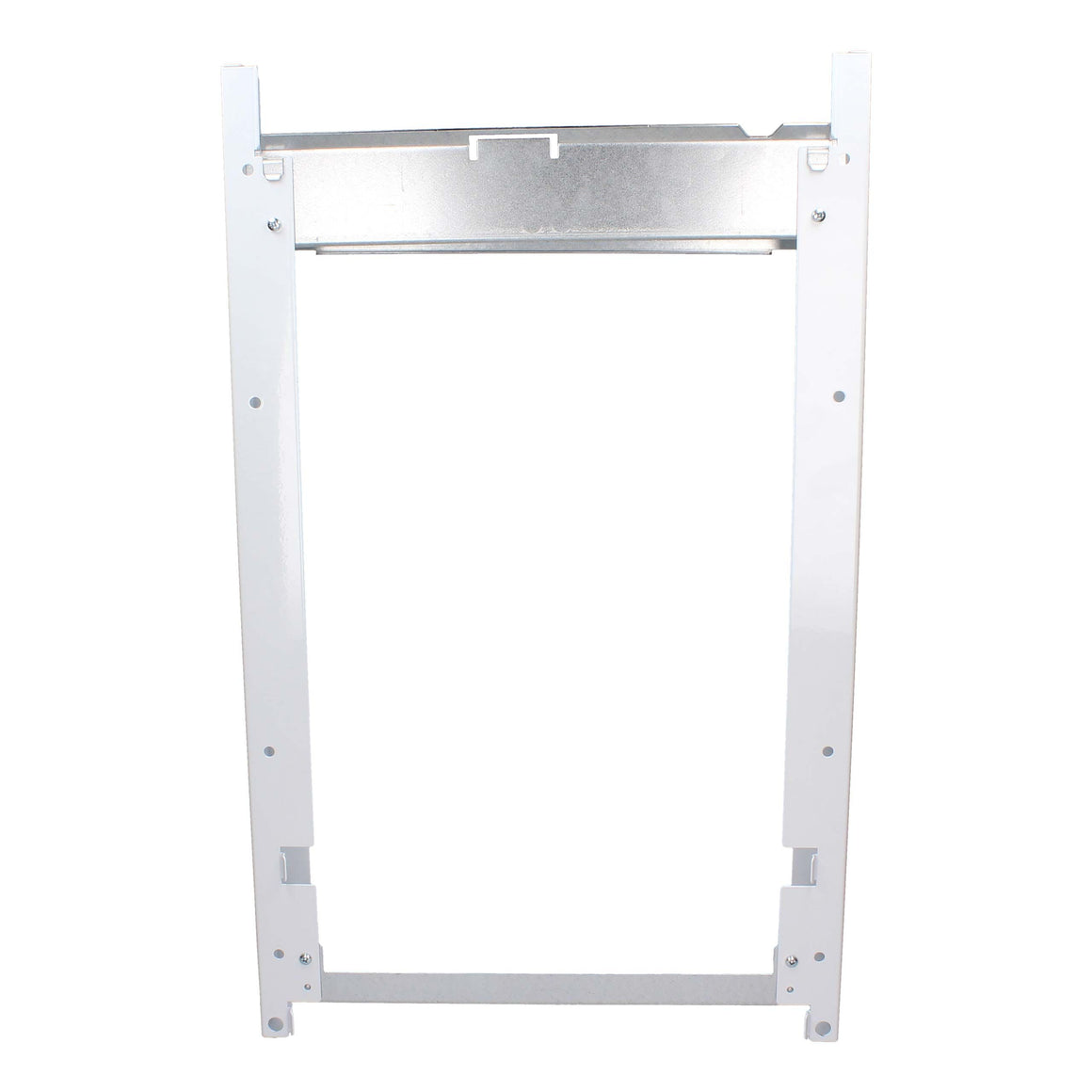 A white metal mounting frame or bracket with pre-drilled screw holes and a silver metal horizontal bar, shown against a plain white background.