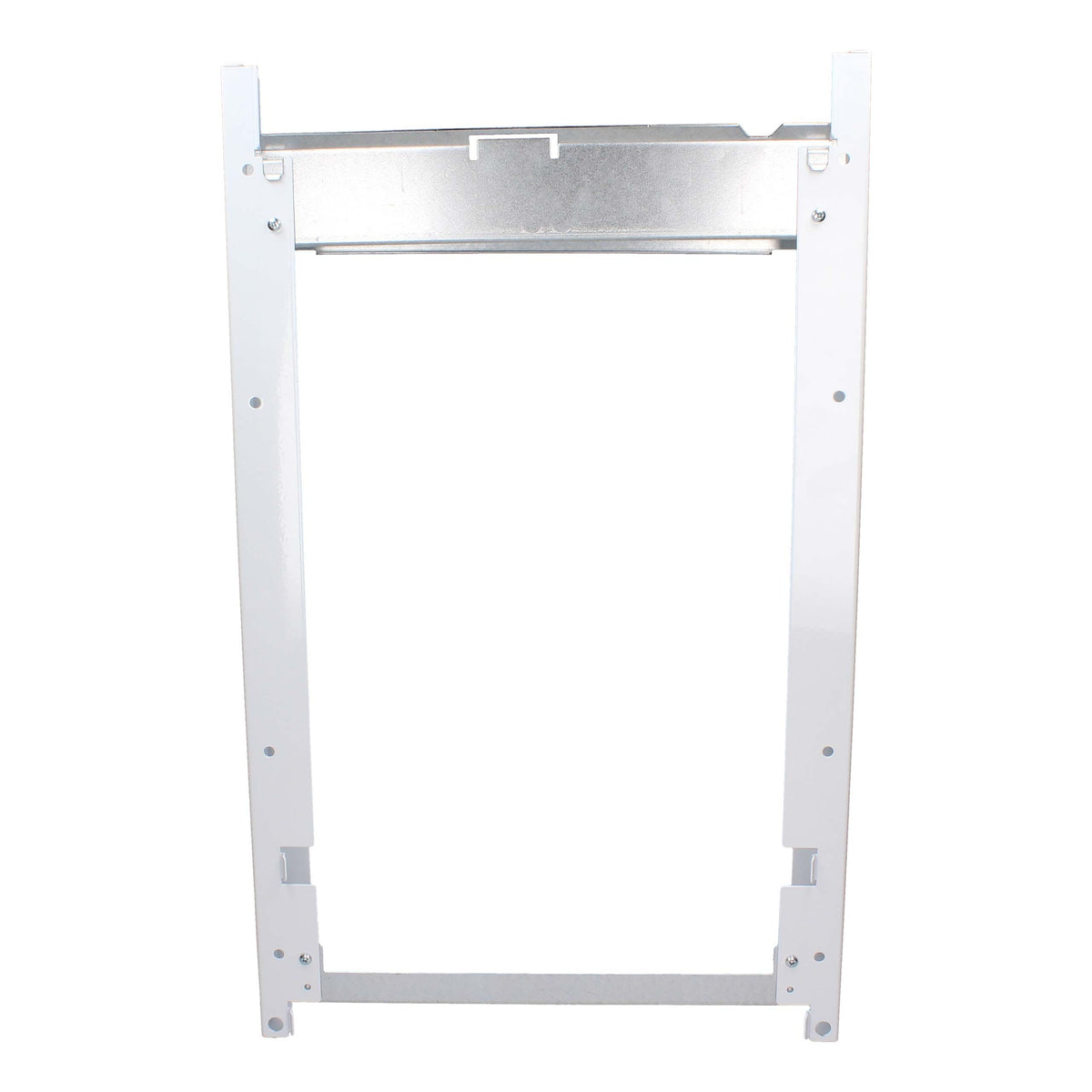 A white metal mounting frame or bracket with pre-drilled screw holes and a silver metal horizontal bar, shown against a plain white background.