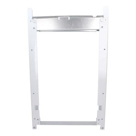 A white metal mounting frame or bracket with pre-drilled screw holes and a silver metal horizontal bar, shown against a plain white background.