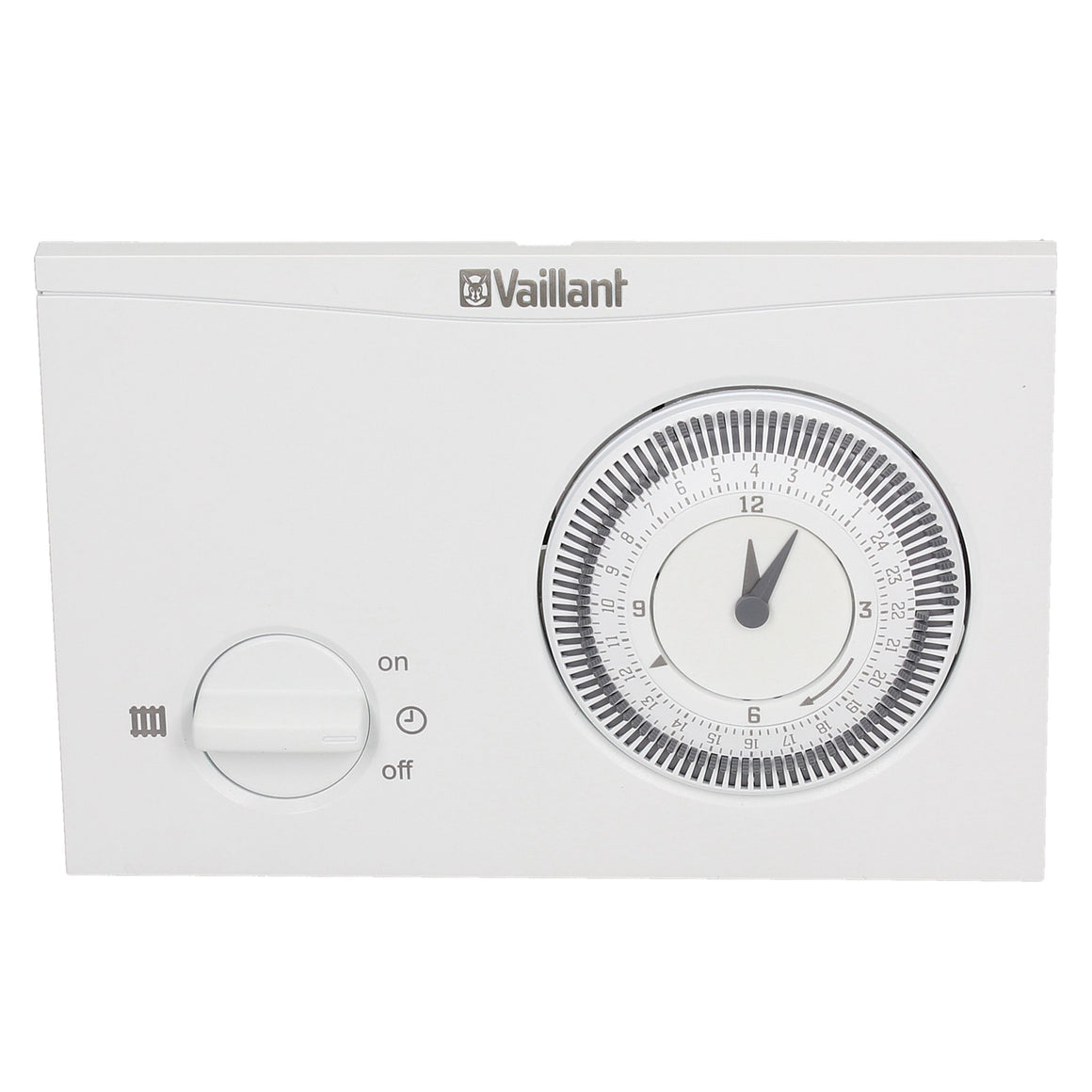 A white Vaillant mechanical timer switch with a dial clock and a separate switch knob on a plain white background.