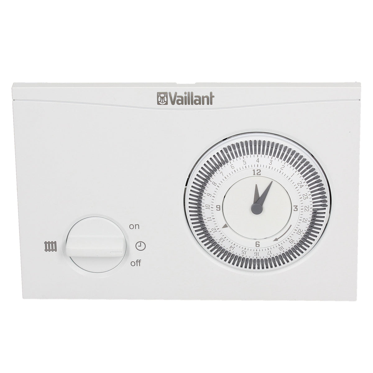 A white Vaillant mechanical timer switch with a dial clock and a separate switch knob on a plain white background.