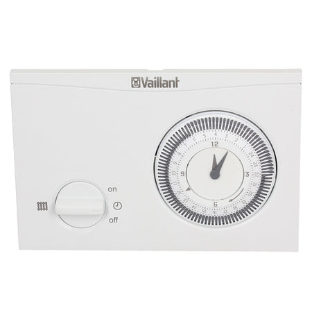 A white Vaillant mechanical timer switch with a dial clock and a separate switch knob on a plain white background.