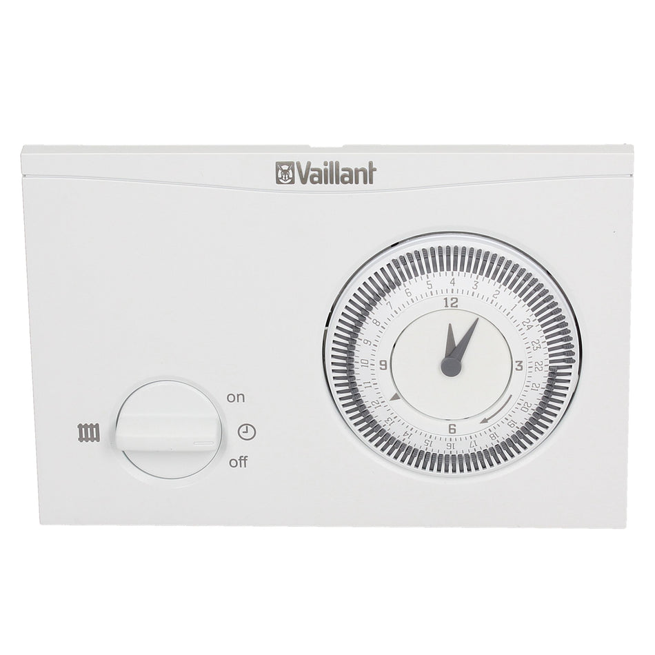 A white Vaillant mechanical timer switch with a dial clock and a separate switch knob on a plain white background.