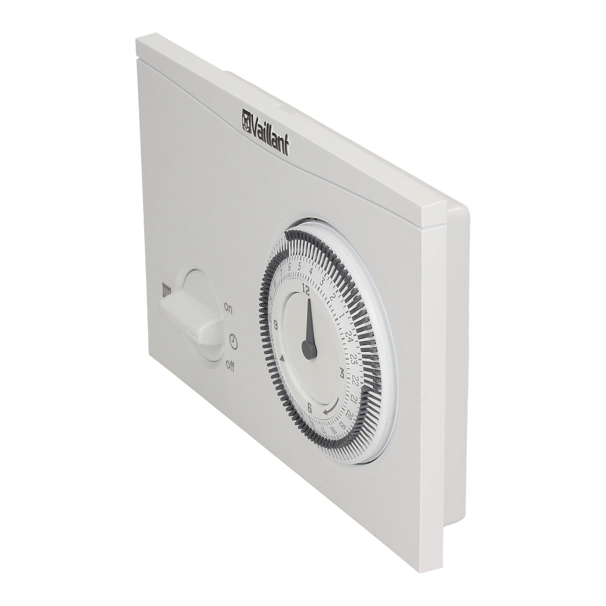 A white Gallant automatic timer switch with a dial and switch, shown at an angle on a white background.