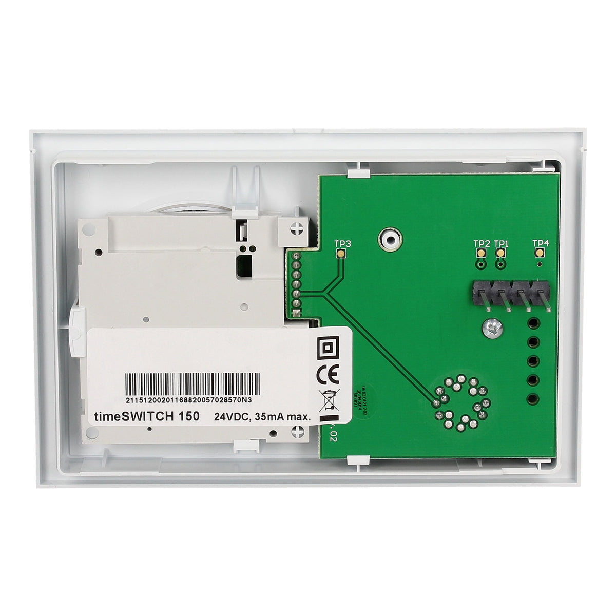 An industrial time switch module, showing the back side with a white plastic housing, a white power supply unit, and a green printed circuit board with terminal labels TP1, TP2, TP3, and TR1.