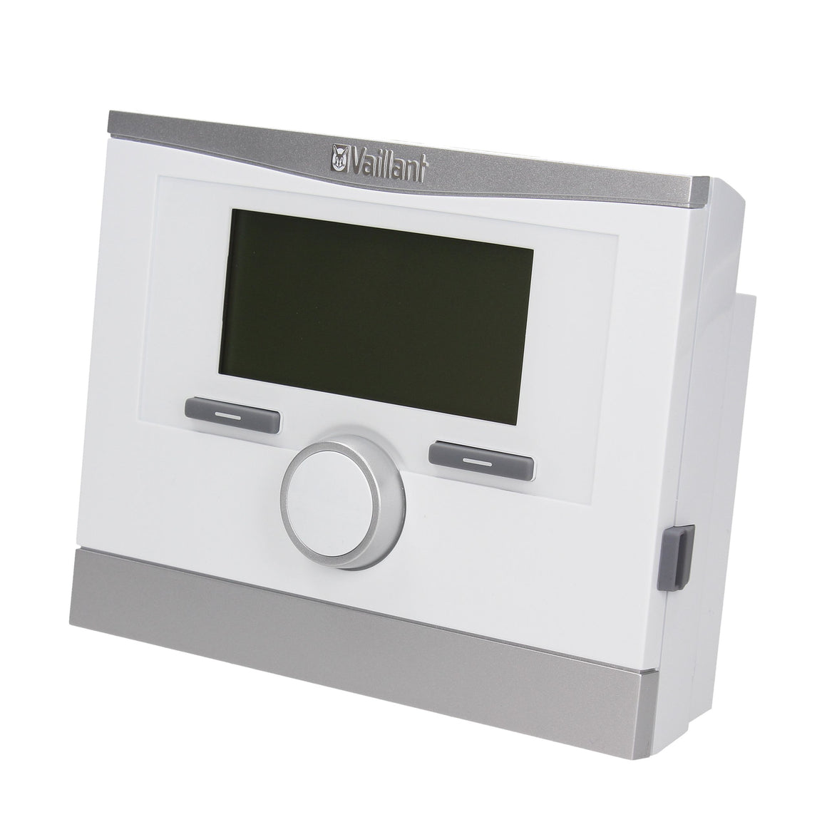 A Vaillant gas boiler or central heating control panel with a white faceplate, silver trim, a central rotary dial, and a dark display screen, shown on a plain white background.