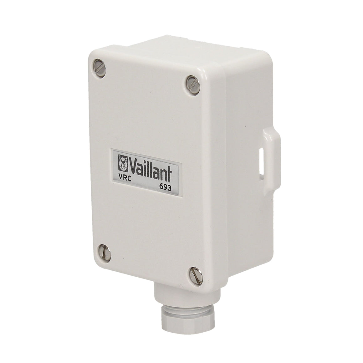 A white plastic Vaillant VRC 693 outdoor junction box with a threaded connector at the bottom, shown on a plain white background.