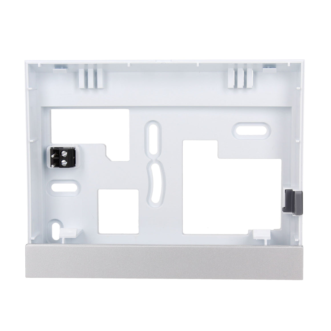 A white plastic electrical junction box cover or mounting frame, shown from the front against a solid white background.