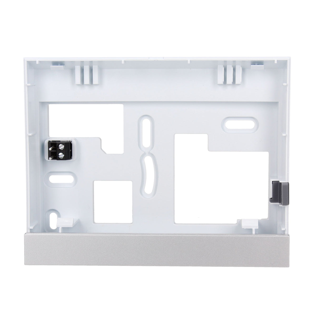 A white plastic electrical junction box cover or mounting frame, shown from the front against a solid white background.