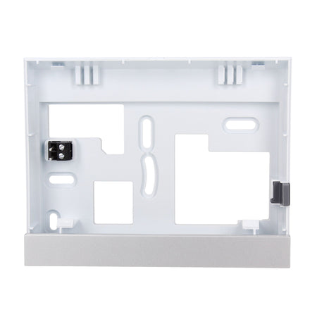 A white plastic electrical junction box cover or mounting frame, shown from the front against a solid white background.