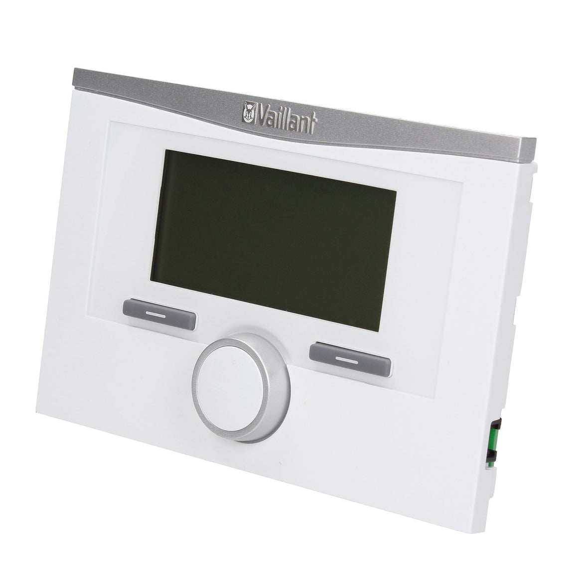 A Vaillant wall-mounted boiler control panel in white plastic with a dark display screen, two grey buttons, and a central silver dial, shown on a plain white background.