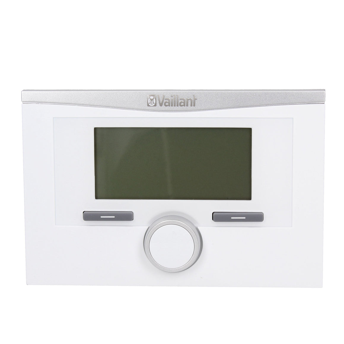 A Vaillant wall-mounted boiler control panel in white and silver, featuring a central dark display screen, two gray buttons, and a central rotary dial.