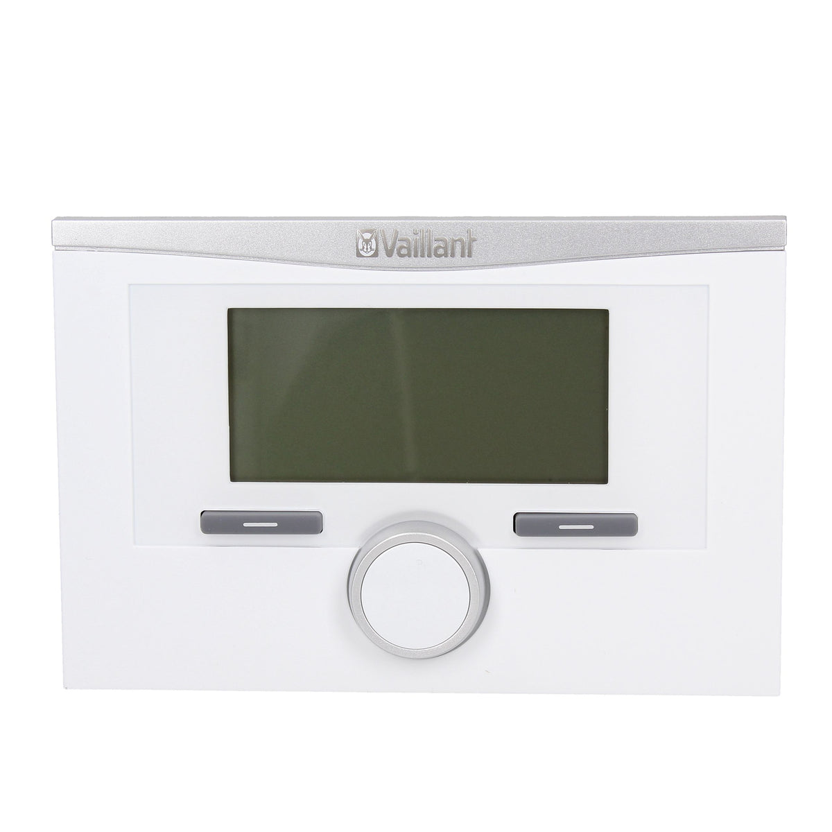 A Vaillant wall-mounted boiler control panel in white and silver, featuring a central dark display screen, two gray buttons, and a central rotary dial.