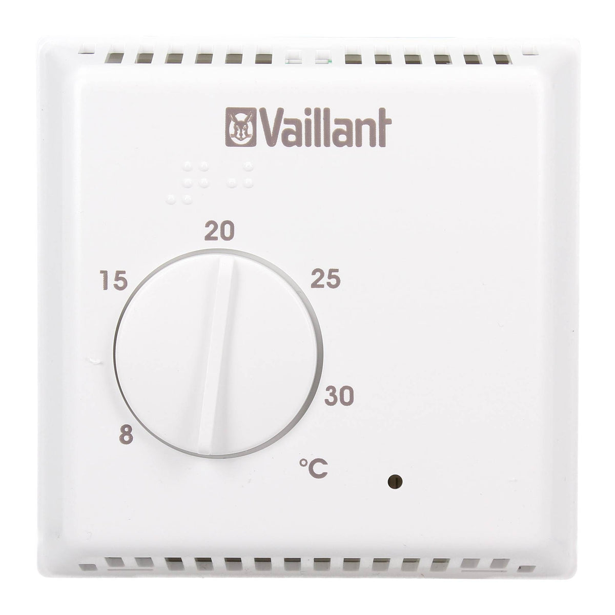 A white Vaillant programmable wall thermostat with a single rotary dial set to temperature degrees Celsius, featuring ventilation slots on the top and bottom.
