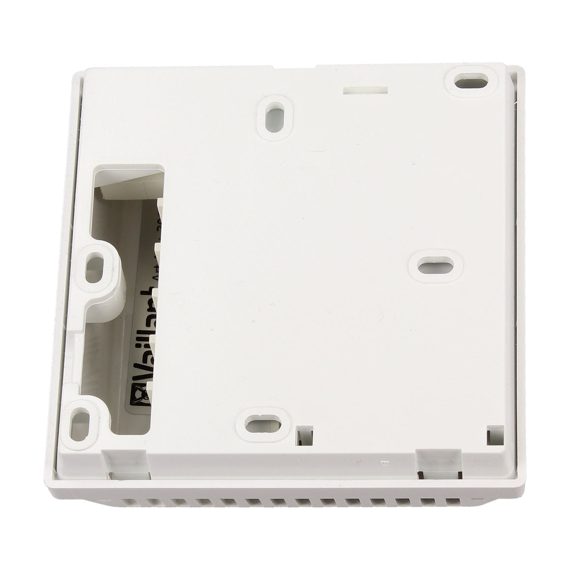 White plastic electrical switch box backplate or cover with mounting holes and a cutout slot on the left side, shown on a plain white background.