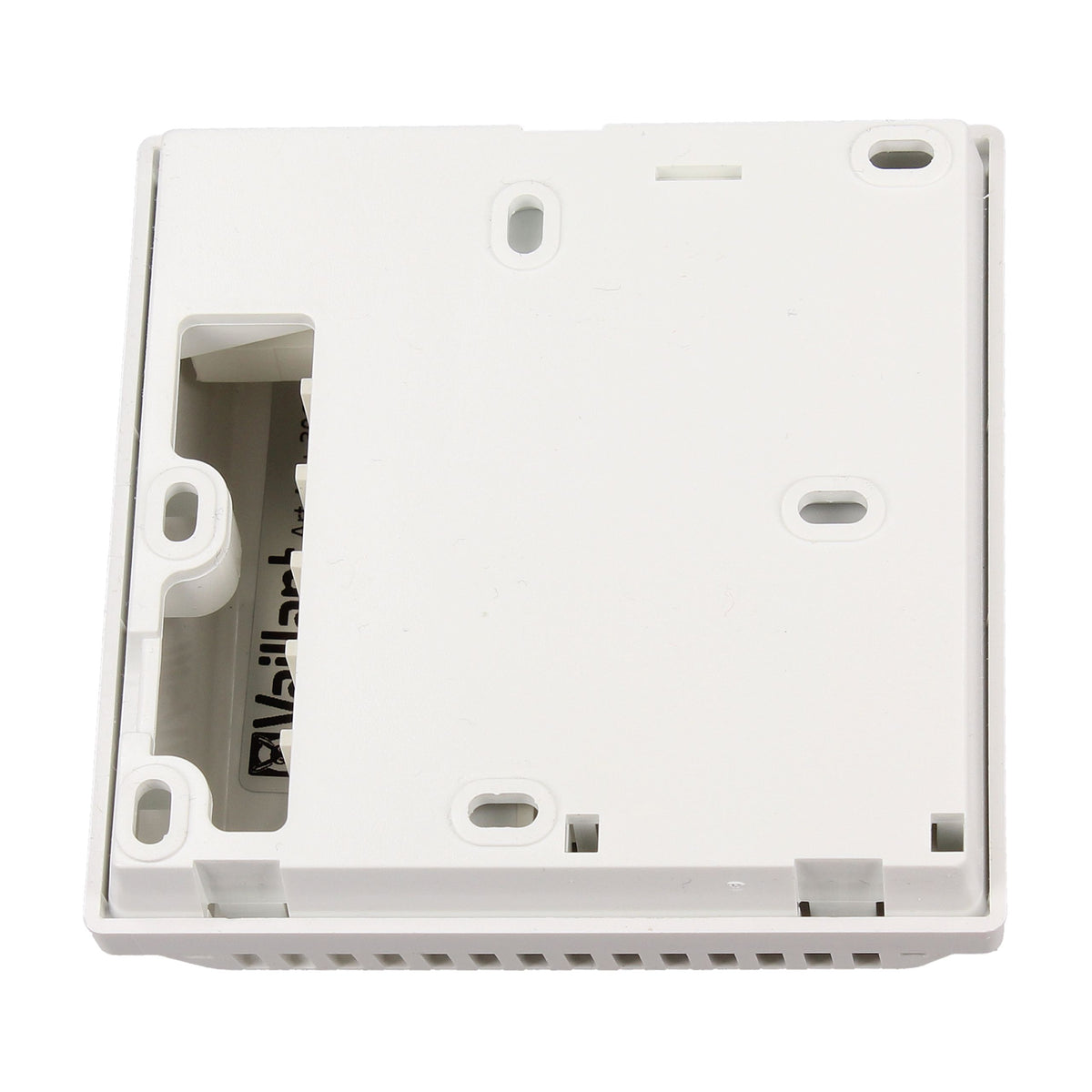White plastic electrical switch box backplate or cover with mounting holes and a cutout slot on the left side, shown on a plain white background.