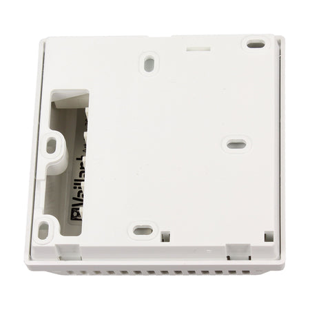 White plastic electrical switch box backplate or cover with mounting holes and a cutout slot on the left side, shown on a plain white background.