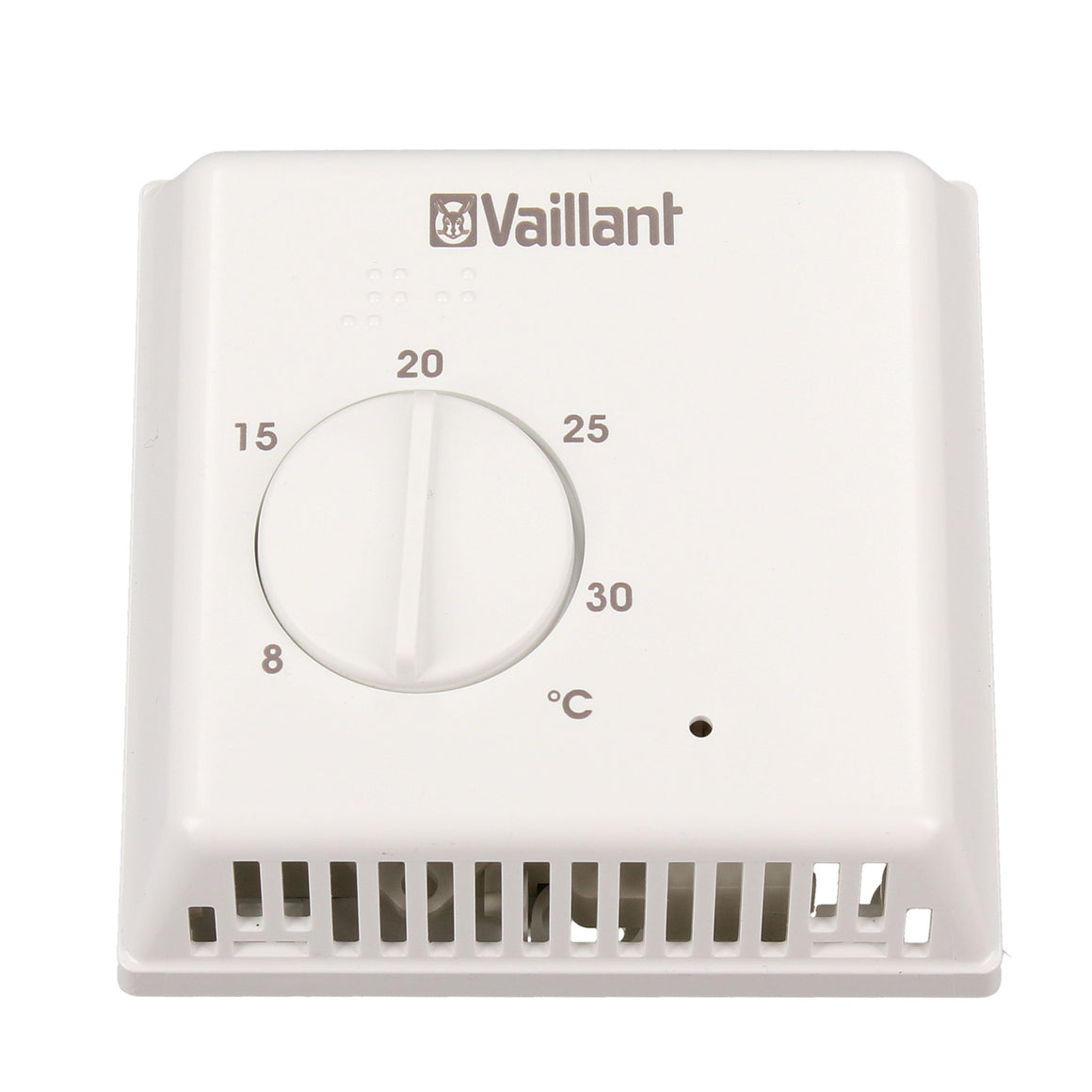 A white Vaillant programmable thermostat control panel with a central rotary dial showing temperature settings from 8 to 30 degrees Celsius.