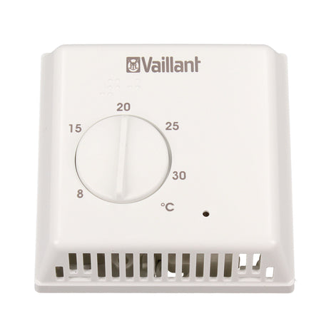A white Vaillant programmable thermostat control panel with a central rotary dial showing temperature settings from 8 to 30 degrees Celsius.