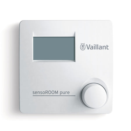 A Vaillant sensoROOM pure air purifier control panel in white, featuring a digital display screen and a rotary dial on a clean white background.
