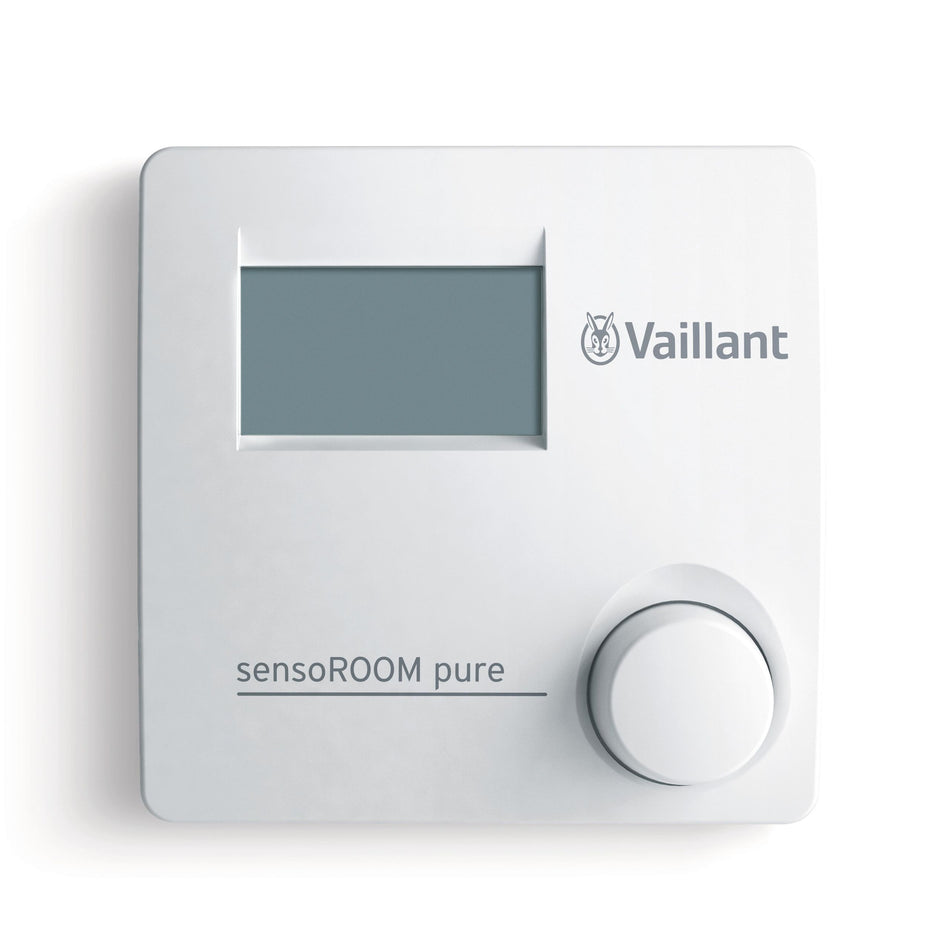 A Vaillant sensoROOM pure air purifier control panel in white, featuring a digital display screen and a rotary dial on a clean white background.