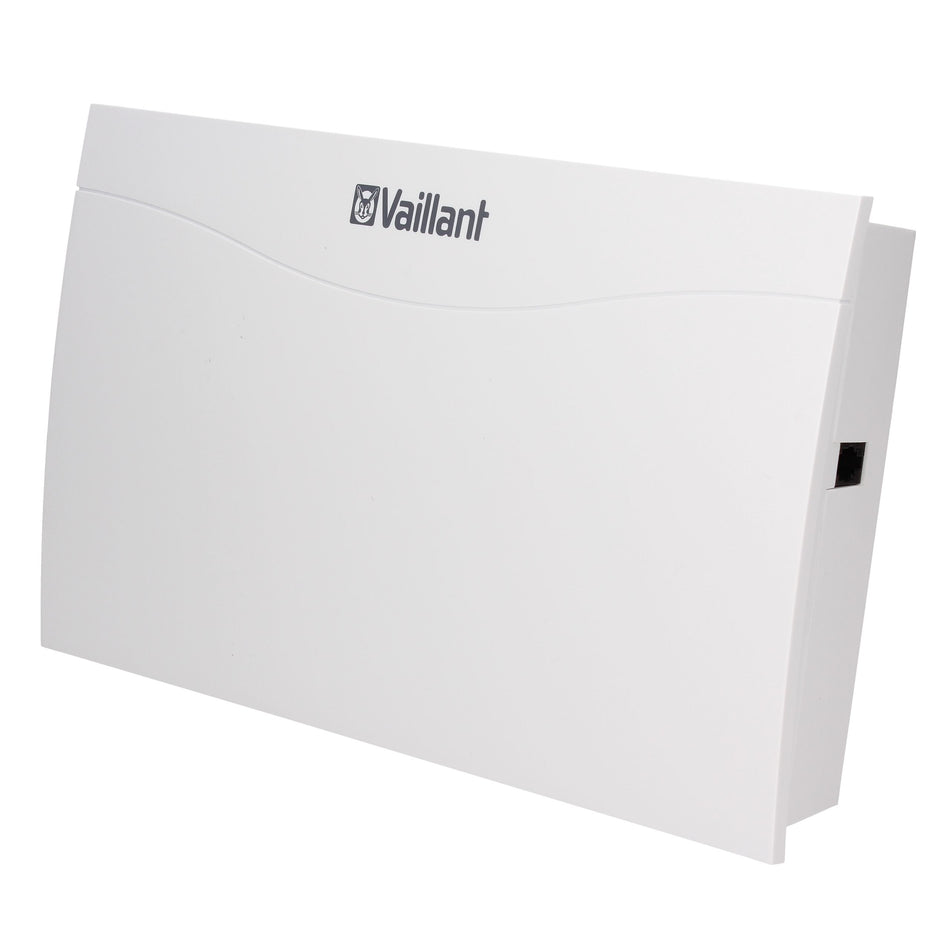 A white rectangular electronic device with the Vaillant logo printed in black on the top surface, shown at an angle against a plain white background.