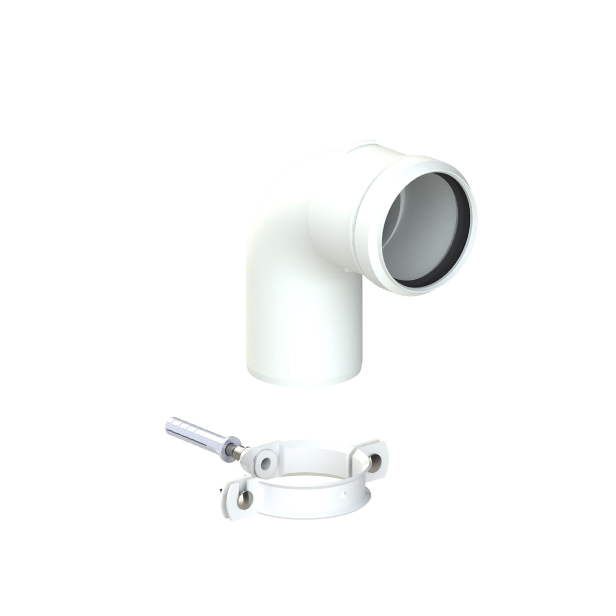 White PVC elbow pipe connector with a white clamp fitting and silver metal screw, shown on a solid white background.