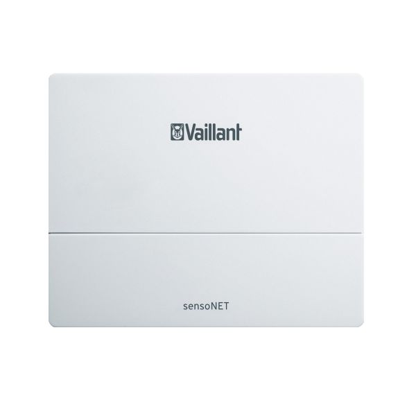 A white Vaillant sensoNET smart thermostat control panel on a solid white background.