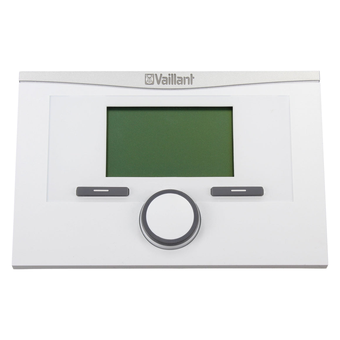 A Vaillant wall-mounted control panel with a white faceplate, a green display screen, and a central rotary dial, shown against a plain white background.