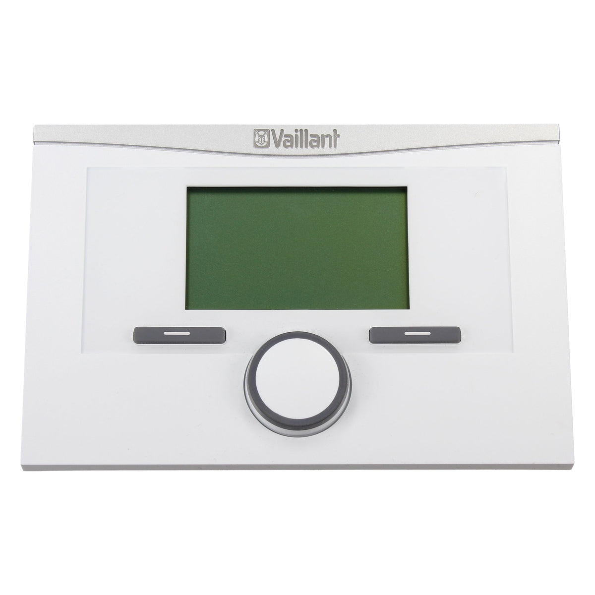 A Vaillant wall-mounted control panel with a white faceplate, a green display screen, and a central rotary dial, shown against a plain white background.