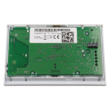 A replacement electronic control board with a green circuit board inside a clear plastic housing, featuring a white label with barcodes and technical specifications.
