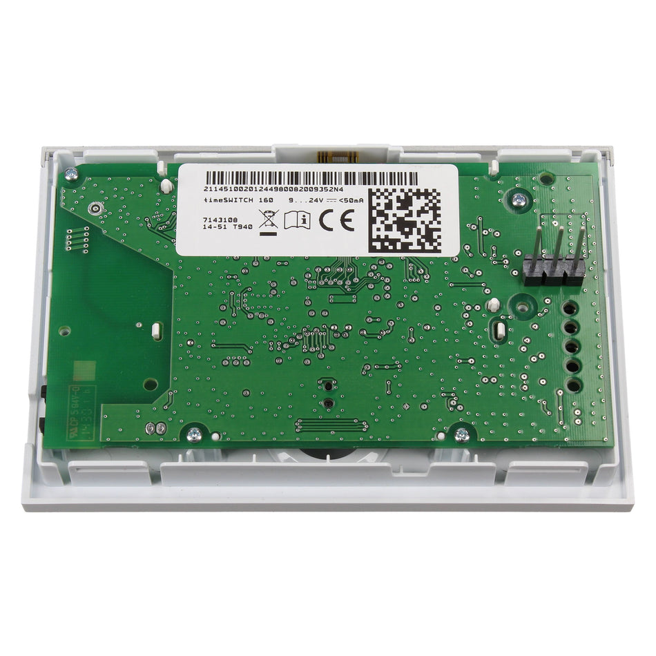 A replacement electronic control board with a green circuit board inside a clear plastic housing, featuring a white label with barcodes and technical specifications.