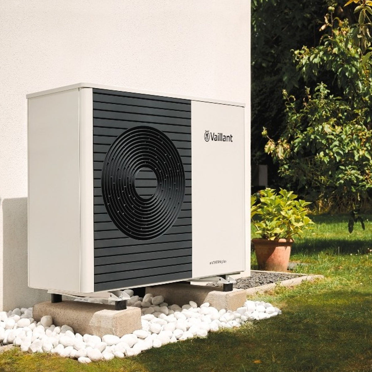 Vaillant aroTHERM Plus Air Source Heat Pump installed outside providing energy-efficient heating.