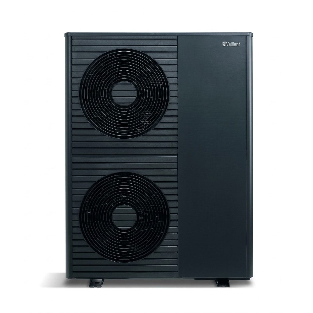 A black Vaillant outdoor heat pump or chiller unit with two large circular fans on the left side and a solid black panel on the right side, shown against a plain white background.