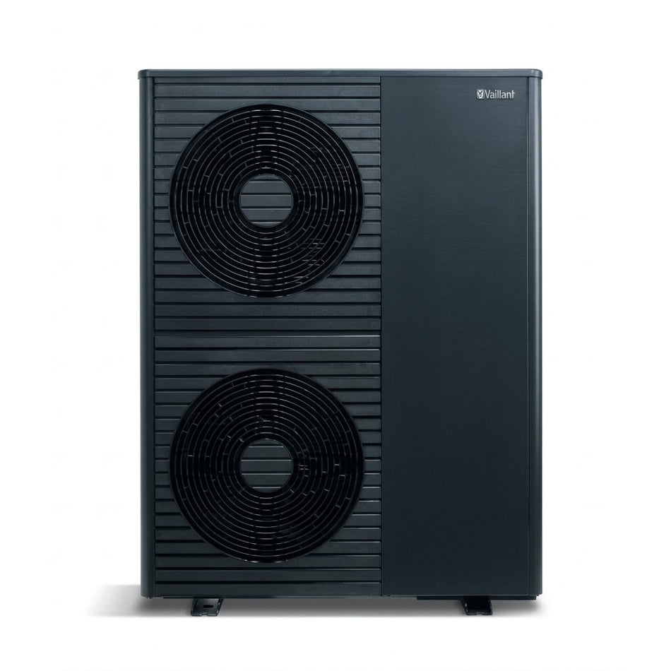 A black Vaillant outdoor heat pump or chiller unit with two large circular fans on the left side and a solid black panel on the right side, shown against a plain white background.