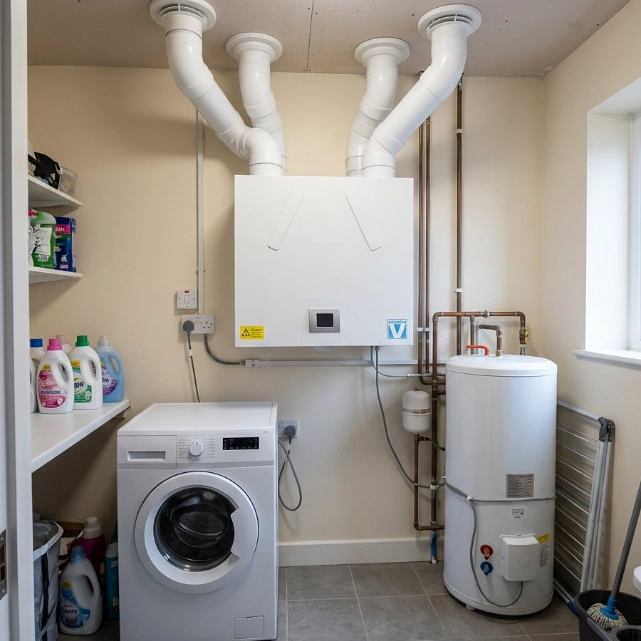 Image showing the Vectaire Maxi Plus MVHR whole house ventilation heat recovery unit in a laundry room setting.