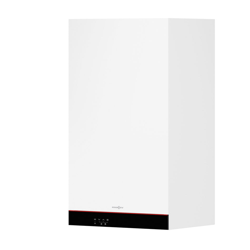 A white wall-mounted boiler or heater with a black control panel strip and a thin red accent line near the bottom, shown on a plain white background.