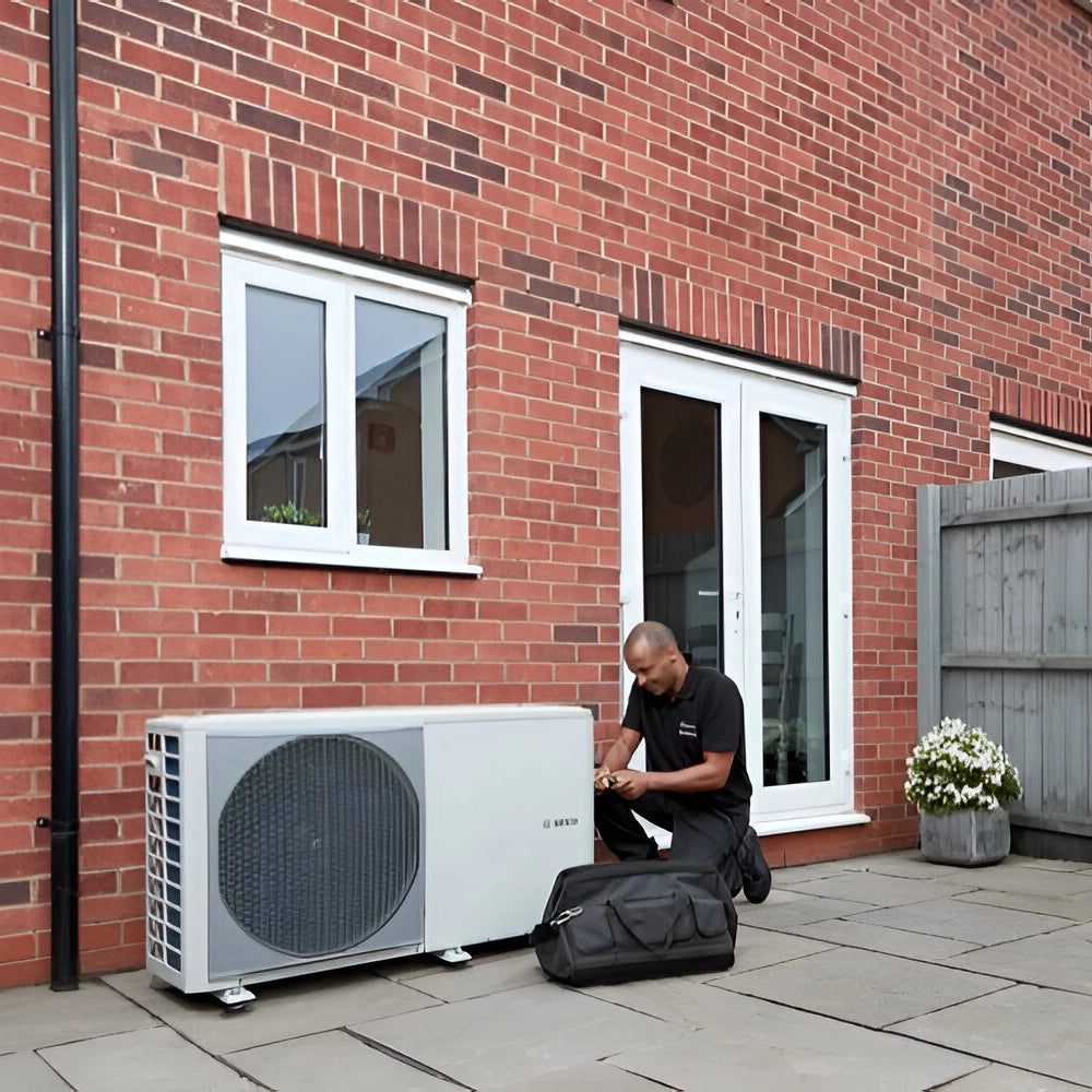 Technician installing Worcester Bosch heat pump outdoors for efficient heating and hot water.