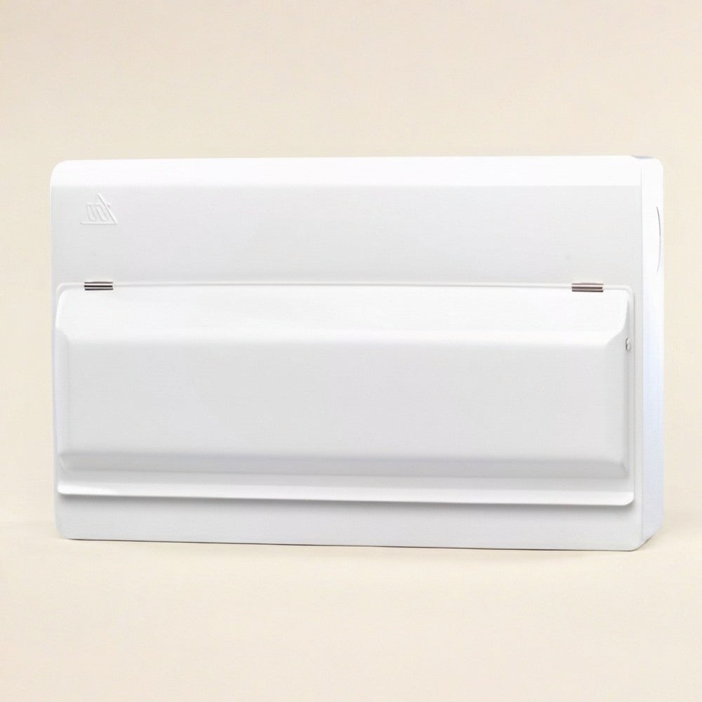 A white metal wall-mounted electrical consumer unit cover with a triangular warning symbol on the top left, shown against a solid light beige background.